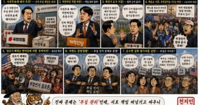 천지인 영감 시사만평 ,본질은 사라지고 진영만 남았다[천지인뉴스]