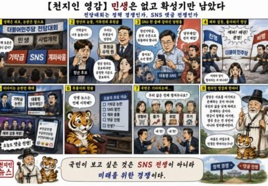 천지인 영감 시사만평,민생은 없고 확성기만 남았다…민주당 전당대회, 정책 대신 SNS 전쟁[천지인뉴스]