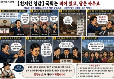 천지인 영감 시사만평【천지인 영감】 국회는 비어 있고, 당은 싸우고