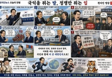 천지인뉴스 오늘의 만평,「국익을 뛰는 발, 정쟁만 뛰는 입」