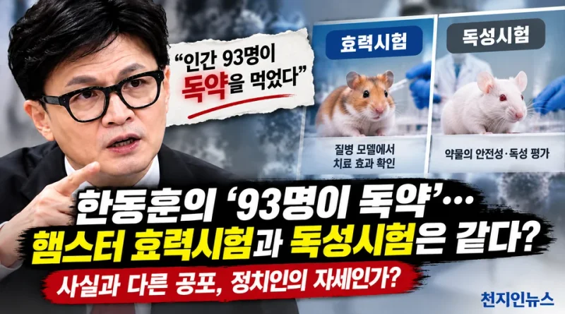 [천지인뉴스 팩트체크] 한동훈의 ‘93명이 독약 먹었다’…햄스터 효력시험을 ‘독약’으로 단정할 수 있나